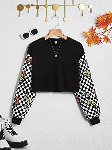 LEWGEL / Модни блузи и жилетки за момичета, Съкратен Пуловер с принтом пеперуди и пулове за момичета (Цвят: черен размер: 8-9 години)