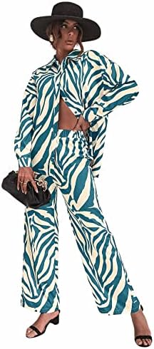 WDIRARA/ Дамски Блуза с дълъг ръкав и Копчета, с принтом Зебра, Ниски Рамо и Панталони, Комплект дрехи от 2 теми