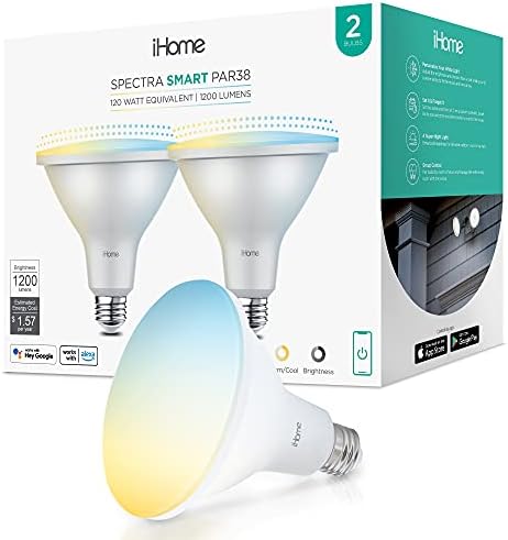 Умна прожекторная лампа iHome Spectra бял цвят PAR38, яркост 1200 Лумена, 13 W (което се равнява на 85 W), умна лампа Wi-Fi, концентратор не се изисква, работи с Alexa и Google Home, 2 опаковки