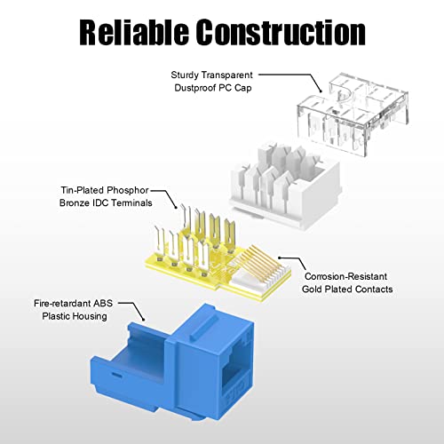 Съединители VCELINK RJ-45 Cat6 Keystone, изброени в UL, 10 бр, монтиран на стената конектор Ethernet с тънък профил, UTP-жак PoE син цвят