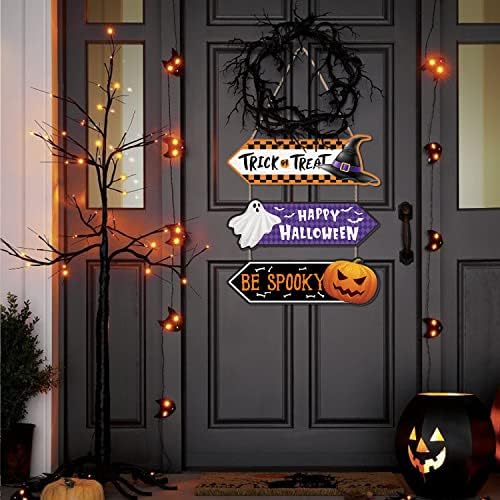 KAIRNE Happy Halloween Знаци Украса, Трик или Лечение, Монтиране на Врата знак, на Верандата на Хелоуин, Външна Дървена плоча (30X9,7 см x 3), Зловещи Тикви, Стенно Изкуство, Вечерни Украса за дома, Интериор на входната
