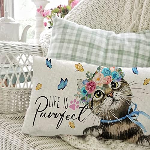 AACORS Пролетно Лумбална Калъфка 12X20 Cat Flower Life is Purrfect Декоративна Farm Калъфка за Домашно мека мебел Декор на Дивана