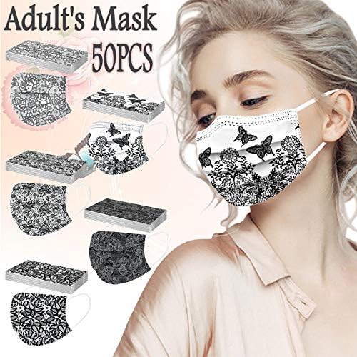 Breathable_Masks за възрастни,[В наличност в САЩ] 50шт 3-слойна Еднократна маска за лице за възрастен със защита от прах, Черно-бял принт, Дишащи покритие за лицето, Унисекс