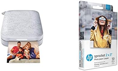 Преносим цветен фотопринтер HP Sprocket (2 версия) – instant печат на снимки с лепкава капак размер 2x3 инча с вашия телефон – [Luna Pearl] [1AS85A] и фотохартия Sprocket, 50 листа